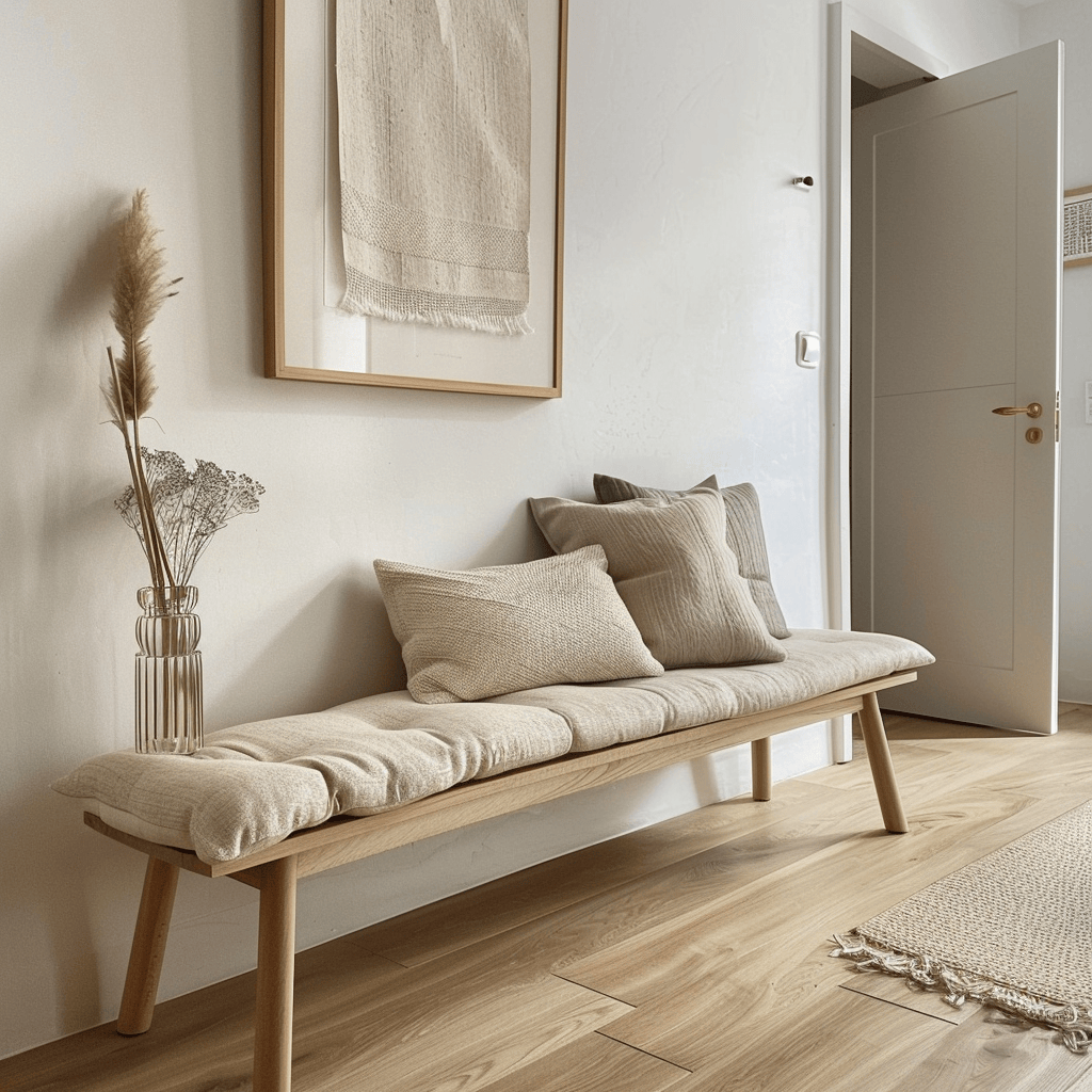 The backrest and soft textures of the bench in this Scandinavian hallway create an inviting spot to sit and relax while removing shoes or waiting for others