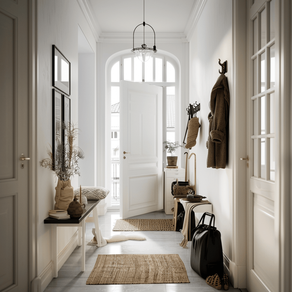 The careful balance of natural materials, soft textures, and minimalist decor in this Scandinavian hallway contributes to an overall sense of welcome