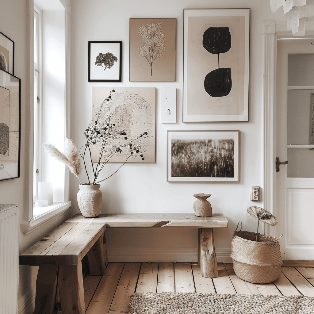 The carefully curated gallery wall in this Scandinavian hallway showcases a mix of minimalist artwork and personal photographs, adding personality and warmth to the space