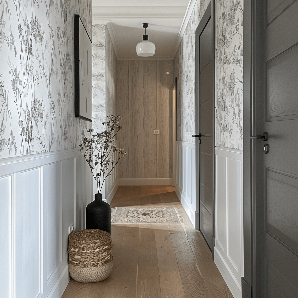 The choice of a bold, geometric wallpaper for the accent wall in this Scandinavian hallway creates a modern, eye-catching look while maintaining a balanced, cohesive