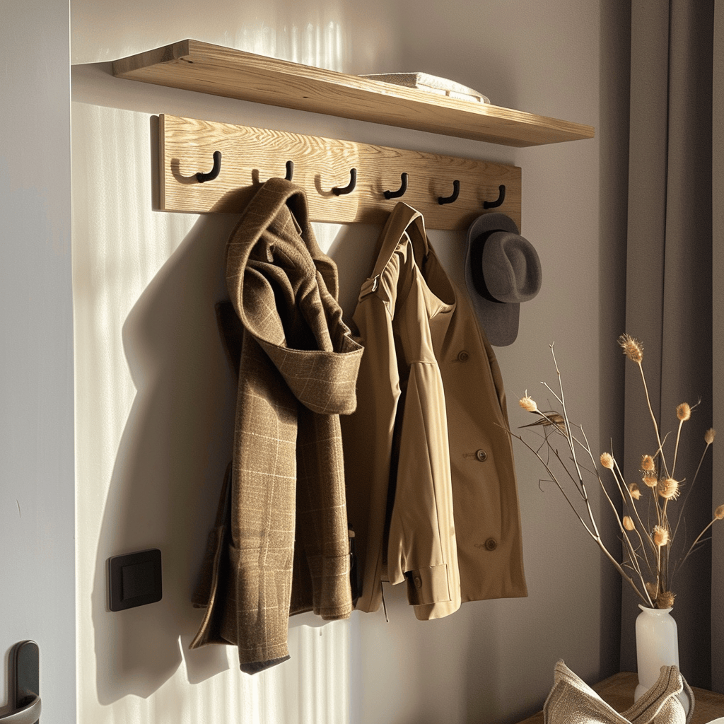 The choice of a coat rack with multiple levels and hooks in this Scandinavian hallway maximizes storage space while maintaining a clutter-free appearance