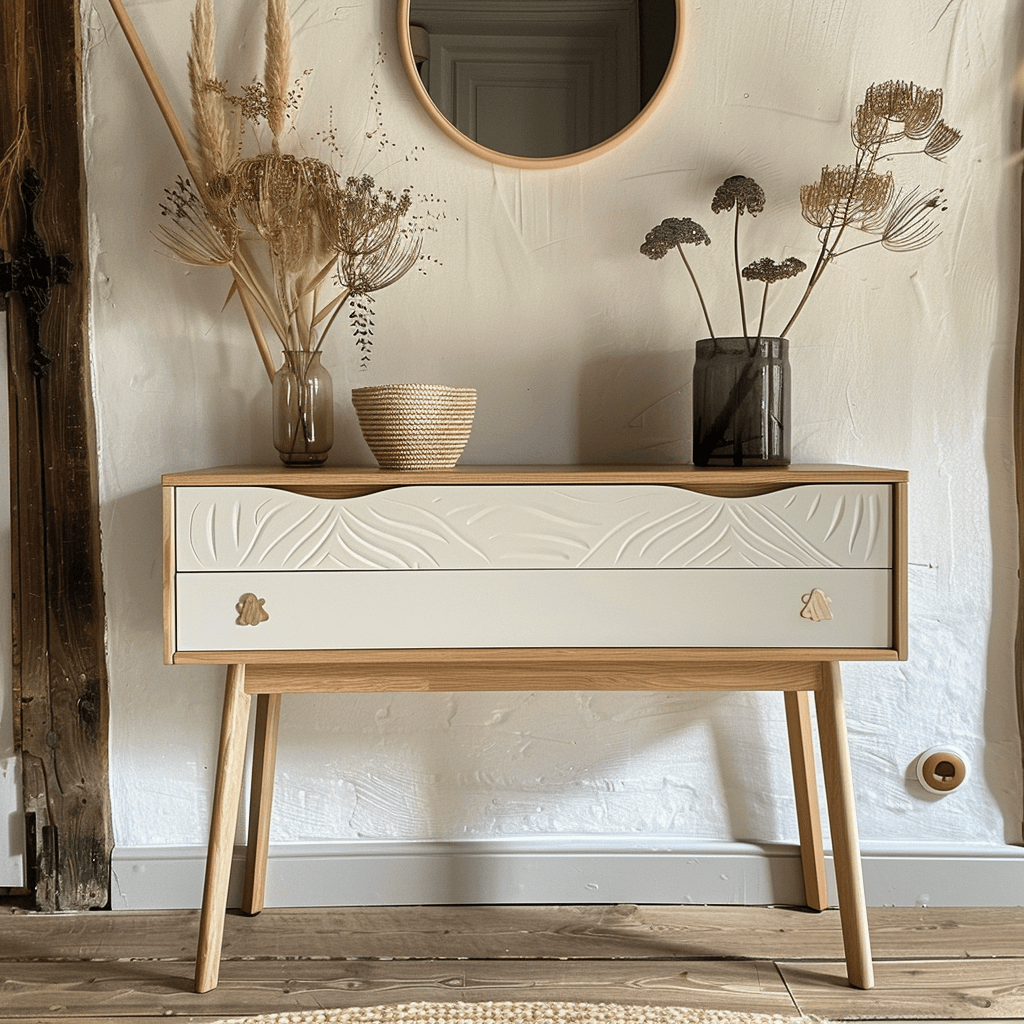 The clean lines and neutral color of the console table in this Scandinavian hallway complement the overall aesthetic, while its slim profile ensures it fits perfectly