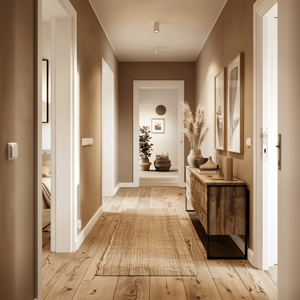 The cohesive design of this Scandinavian hallway seamlessly ties together all the essential elements, from color and lighting to furniture and decor, creating a harmonious and inviting