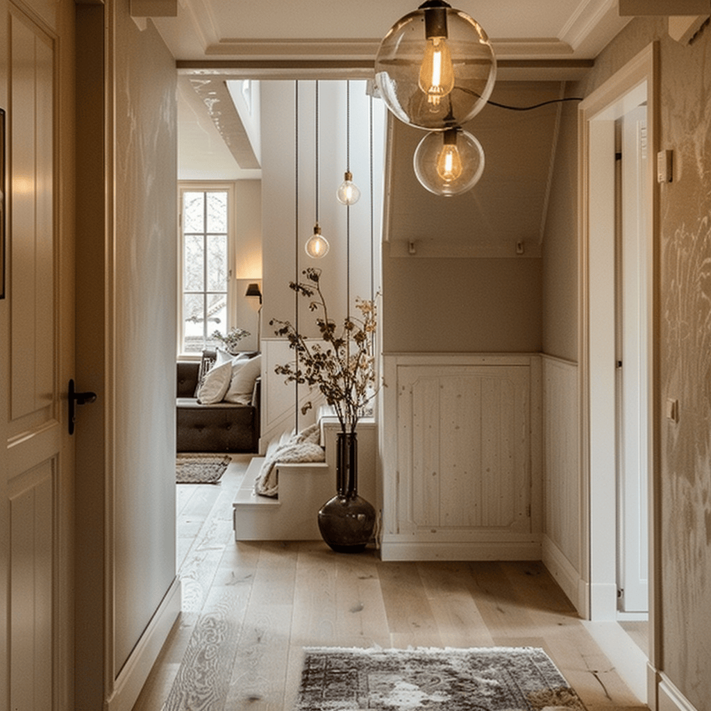 The combination of natural materials and sleek, modern forms in the pendant lights and chandeliers of this Scandinavian hallway creates a perfect balance of warmth and contemporary style