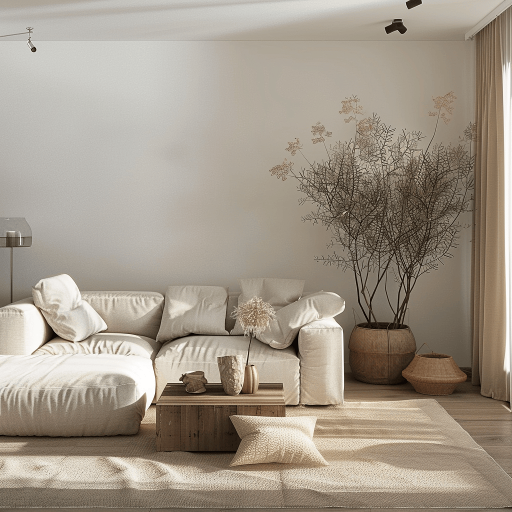 The creation of a peaceful and harmonious minimalist living room is achieved through the maintenance of a clutter-free environment and the thoughtful placement of plants and organic materials