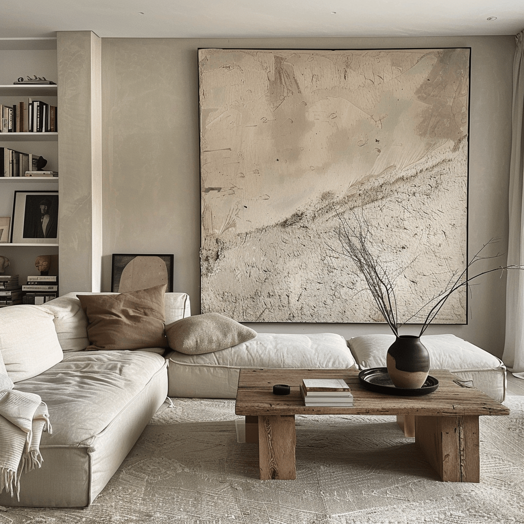 The curation of meaningful artwork and accessories in this minimalist living room creates a space that feels authentic, intentional, and reflective of the inhabitants' stories