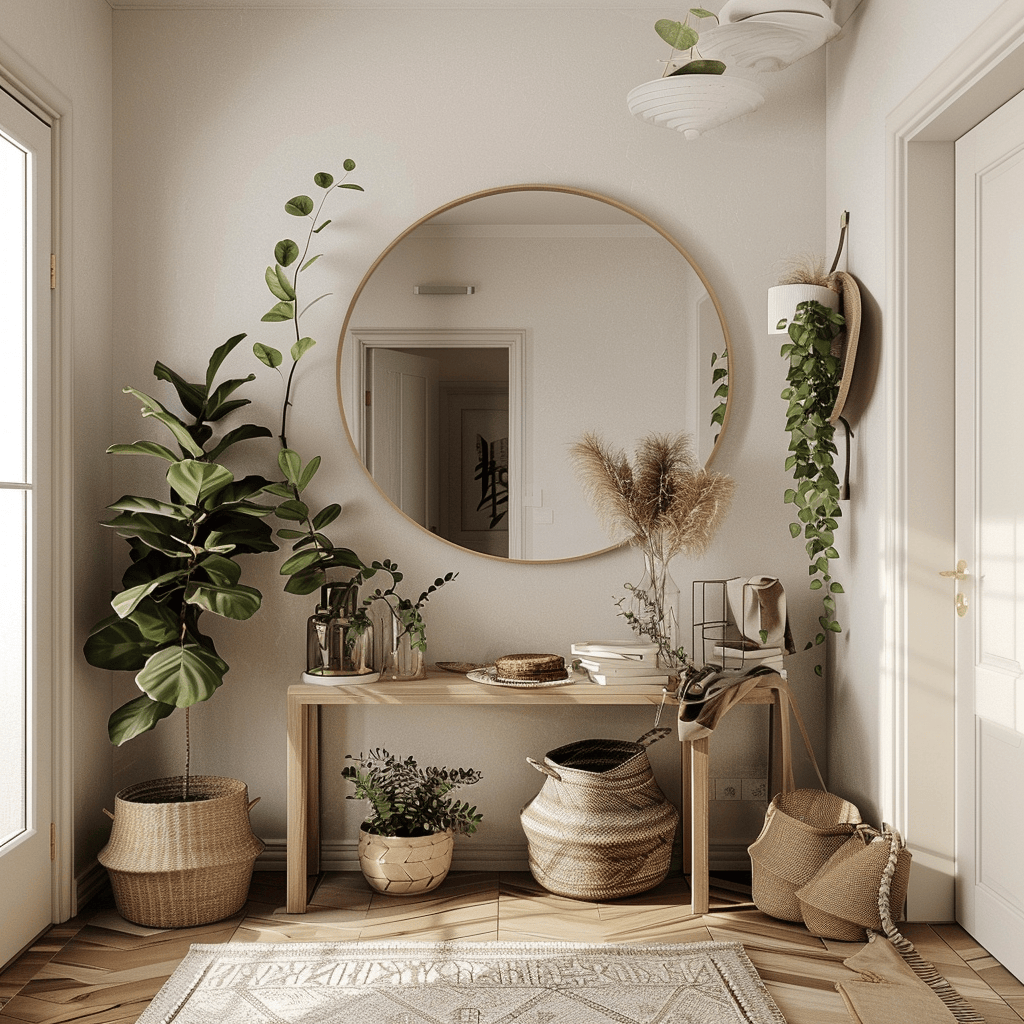 The decor and accessories in this Scandinavian hallway are a masterful blend of simplicity and sophistication, with a focus on natural materials, clean lines, and understated elegance