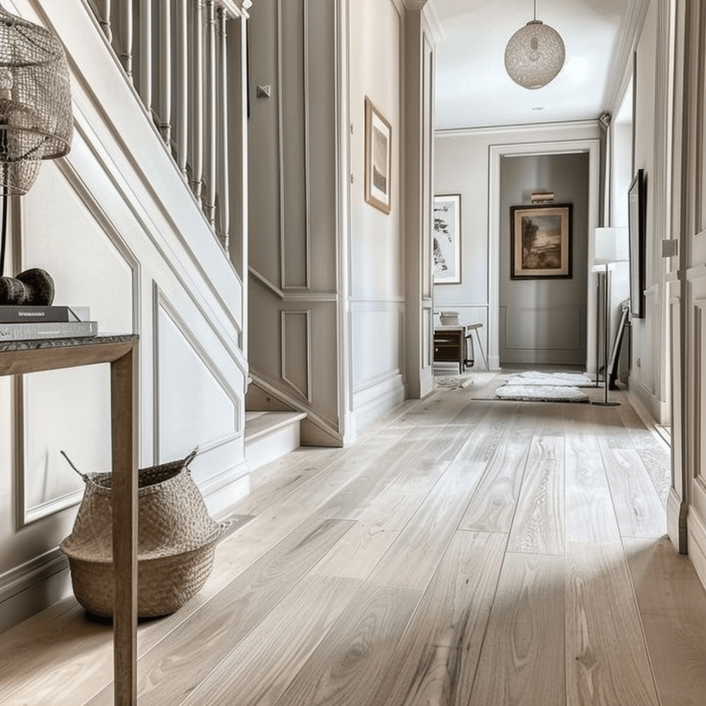 The gentle grain and soft tones of the hardwood floors in this Scandinavian hallway contribute to the space's sense of simplicity and sophistication