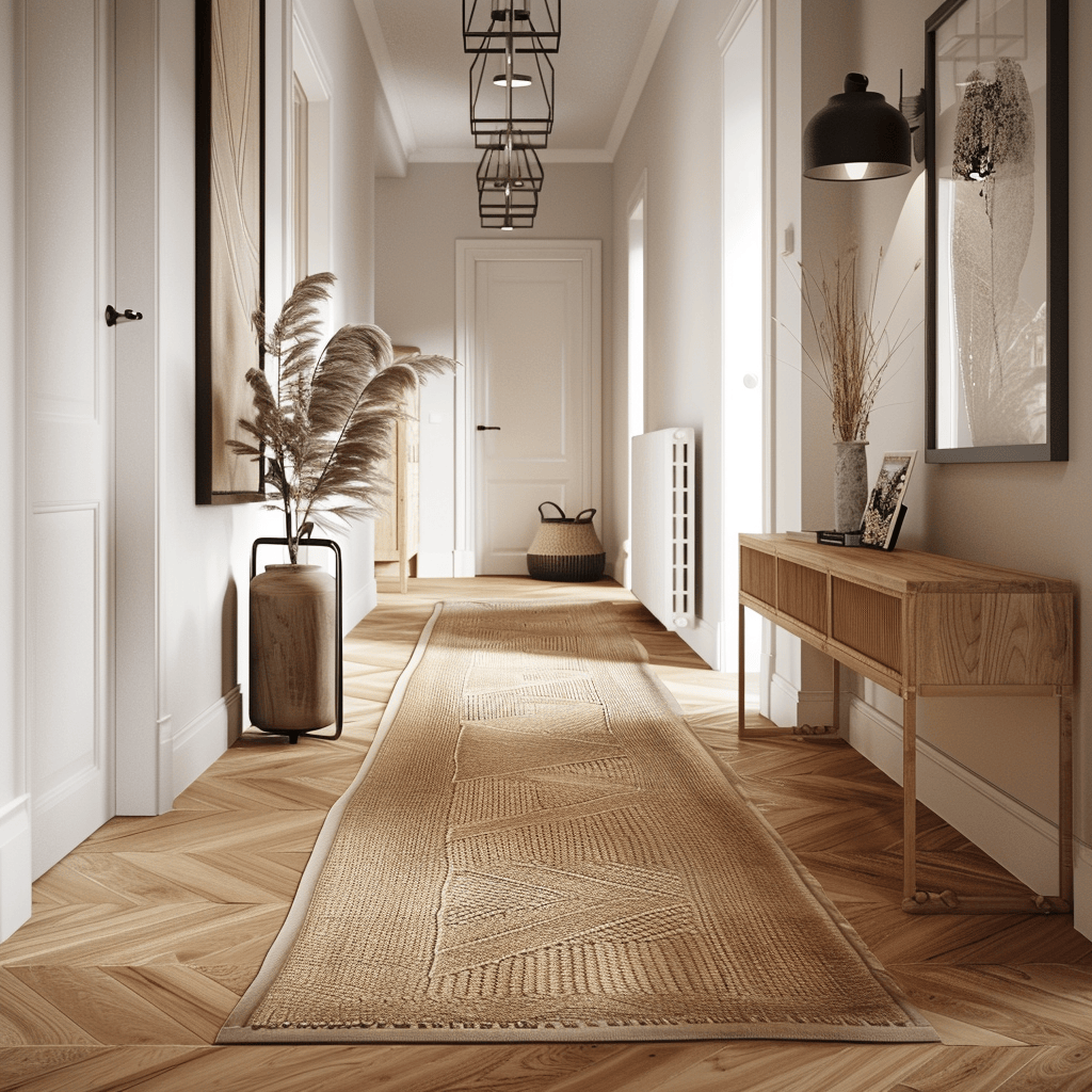 The gentle grain and warm tones of the hardwood flooring in this Scandinavian hallway create a sense of organic beauty and timeless style