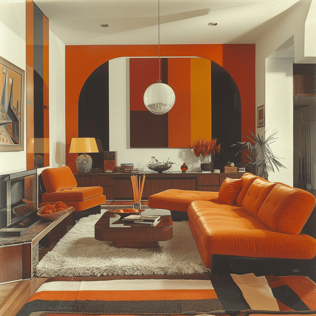 The geometric shapes incorporated into the furniture of this 1970s-inspired living room, such as the circular, sunburst-patterned mirror, the square, tufted sofa, and the rectangular, glass-topped side tables