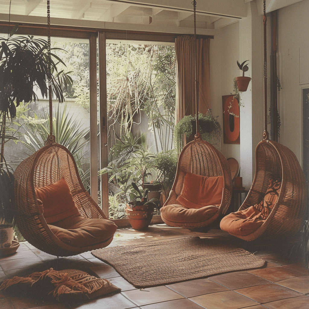 The hanging chairs in this 1970s-inspired living room, one crafted from natural, woven rattan and the other from a combination of smooth, polished wood and soft, supple leather, add a touch of texture and visual interest to the space