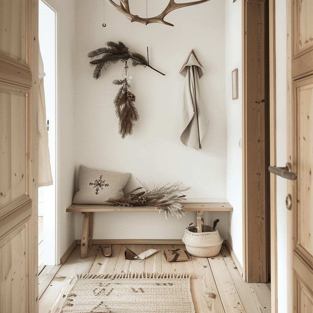 The holiday decorations in this Scandinavian hallway, from the simple wreath to the minimal greenery, reflect the overall aesthetic of the style while adding a touch of festive charm
