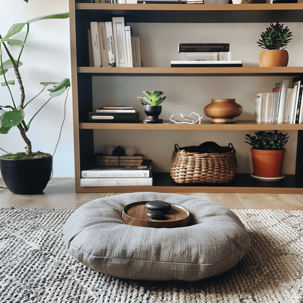 The inclusion of a simple water feature and a collection of inspiring books in this minimalist living room encourages mindfulness and a connection to the present moment