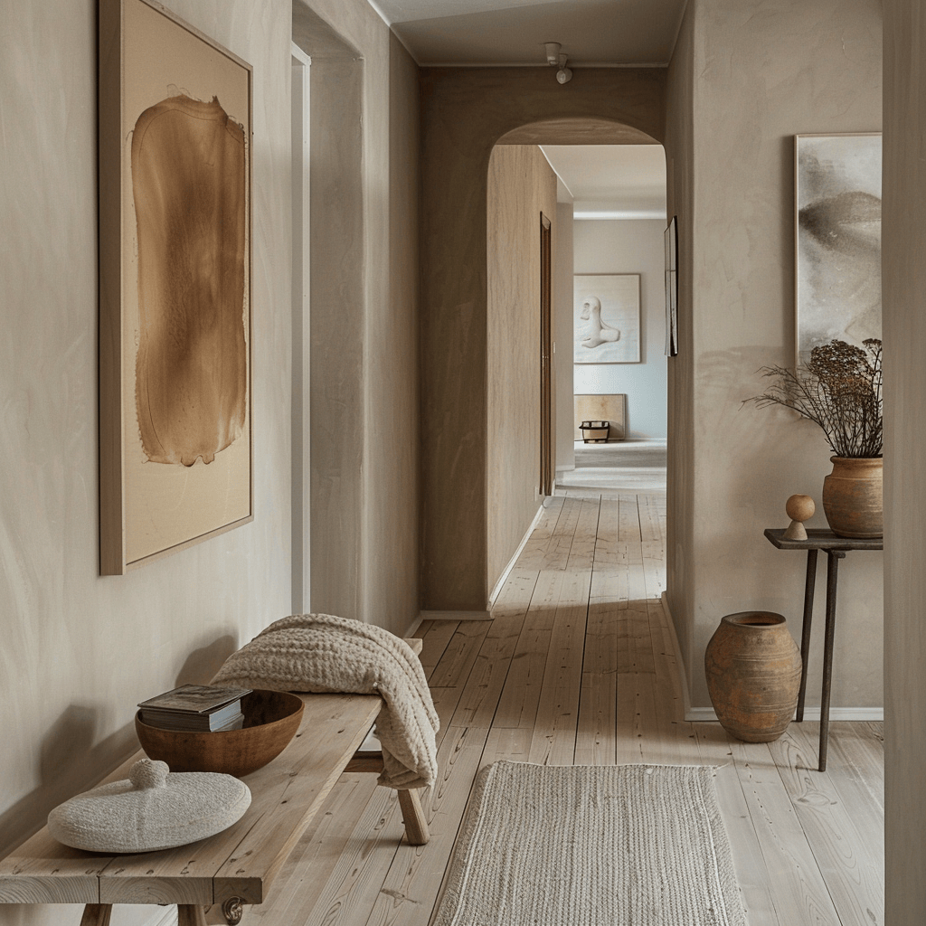 The incorporation of gentle accent hues in this Scandinavian hallway creates a harmonious and balanced color scheme, without overwhelming