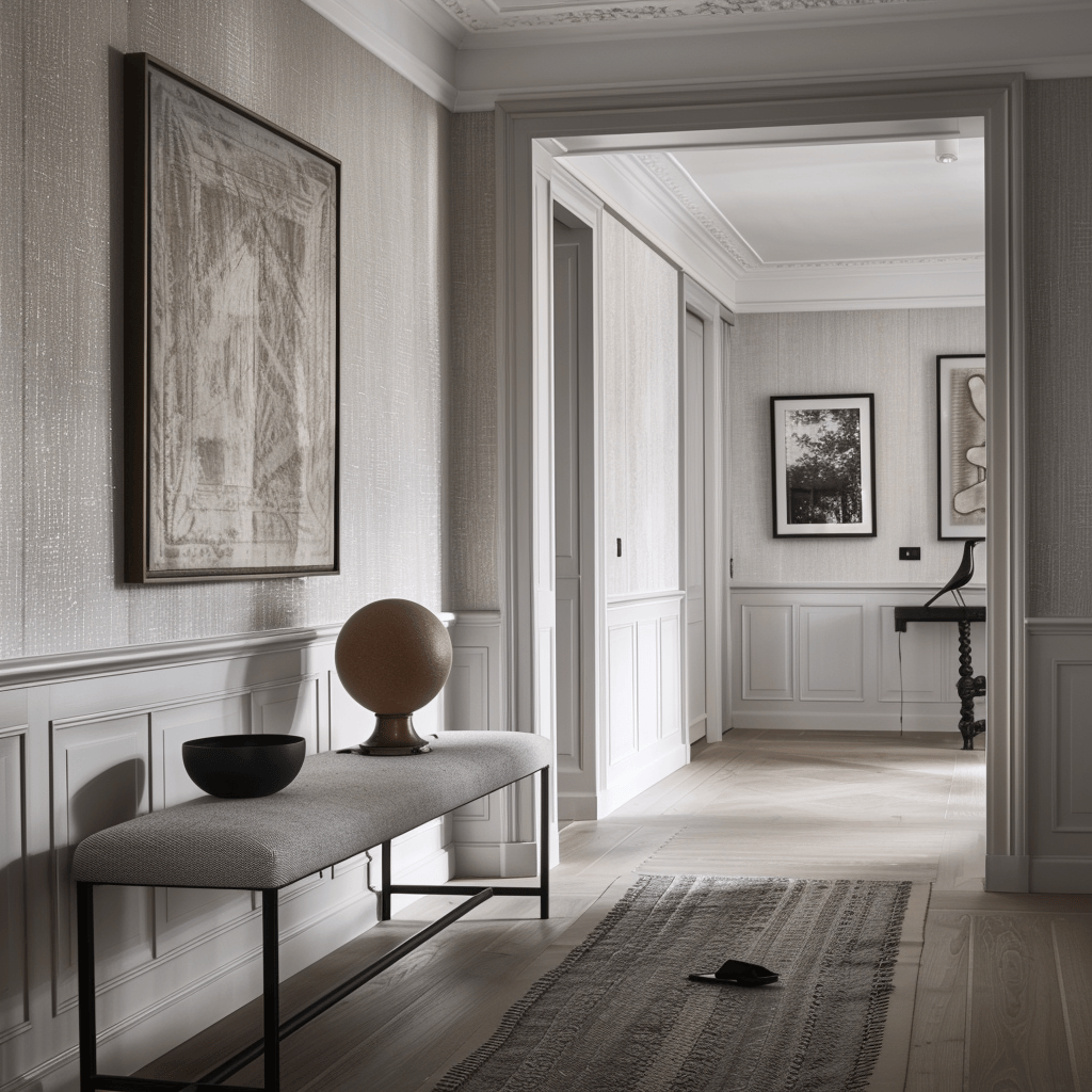 The interplay of smooth, painted surfaces and subtly textured wallpaper in this Scandinavian hallway creates a sense of visual intrigue and depth, while maintaining a cohesive, understated aesthetic