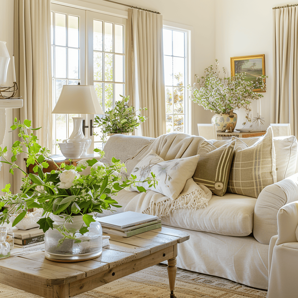 The key to creating a fresh and inviting Modern English Farmhouse living room that welcomes spring lies