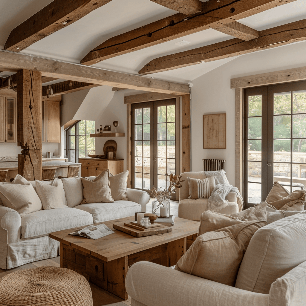 The key to creating a warm and inviting Modern English Farmhouse living room lies in the use of natural wood elements, such as reclaimed wood floors, exposed beams, and rustic furniture pieces that add character and charm