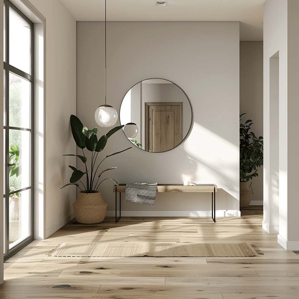 The large, rectangular mirror in this Scandinavian hallway creates a striking focal point while helping to reflect