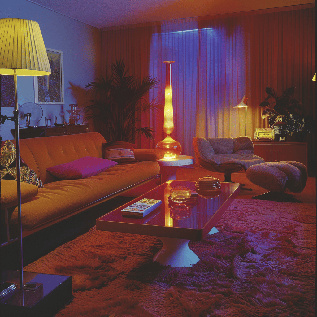 The lava lamp and mood lighting in this 1970s-inspired living room work together to create a seductive, almost magical atmosphere, with the lava lamp's slowly shifting, organic shapes and rich, saturated colors casting an enchanting