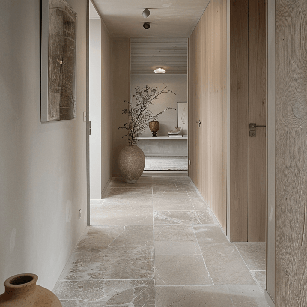The light-colored tiles in this Scandinavian hallway create a bright, spacious feel while providing a durable and easy-to-clean flooring