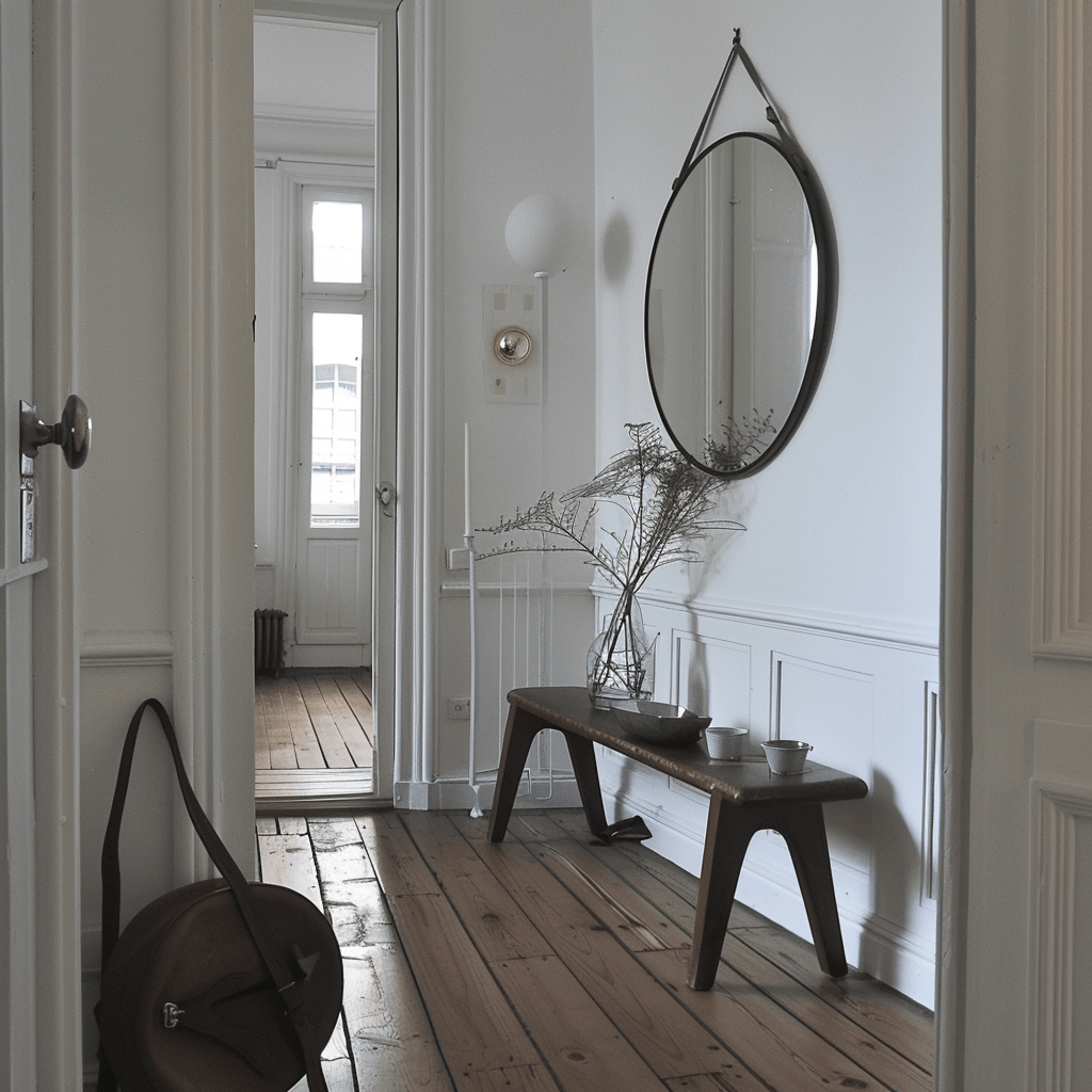 The mirror placed near the entrance of this Scandinavian hallway serves both a functional and decorative purpose