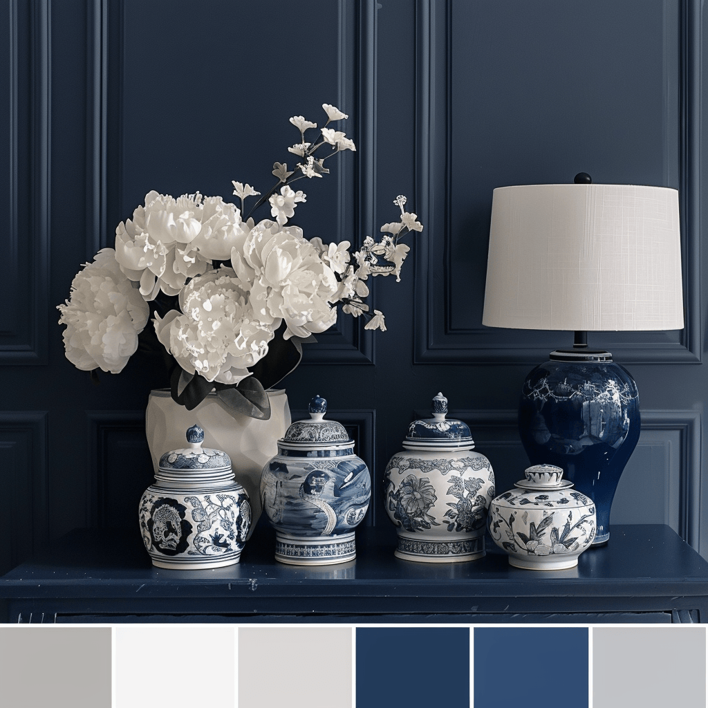 The moodboard showcases a spectrum of navy blue shades, designed to evoke a sense of calm and sophistication in interior design, from casual to formal settings