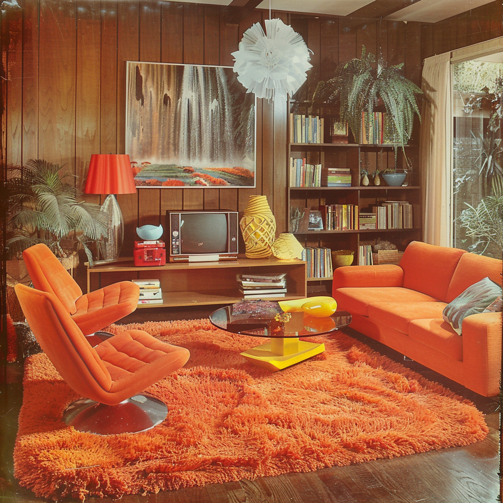 The multi-colored, patchwork shag carpet in this eclectic, 1970s-style living room creates a sense of playful, artistic energy, its varied, jewel-toned hues and mix-and-match, textured surface evoking a feeling of handmade