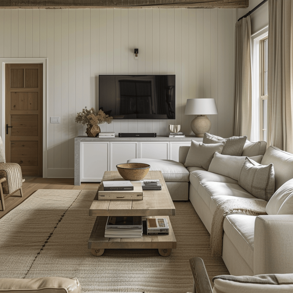 The perfect way to embrace modern amenities in a Modern English Farmhouse living room seamlessly incorporating modern comforts and conveniences, such as a smart home system