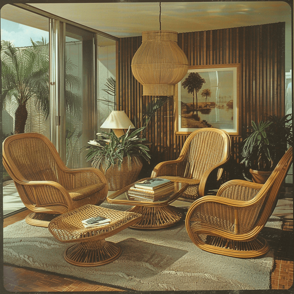 The rattan furniture in this 1970s-inspired living room, including a low-slung, circular coffee table and a tall, arched floor lamp, creates a sense of natural, textural harmony and a relaxed, bohemian atmosphere, their intricate