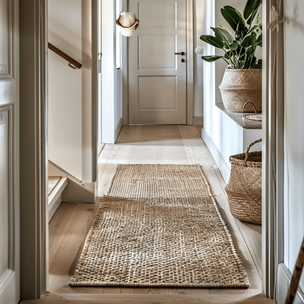 The rug in this Scandinavian hallway, made from natural materials like wool or jute, perfectly complements the organic textures