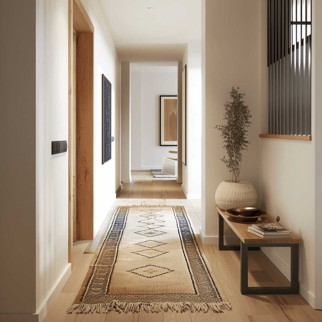The runner in this Scandinavian hallway is perfectly sized to cover most of the length of the space, leaving a few inches of flooring visible on either side for a balanced