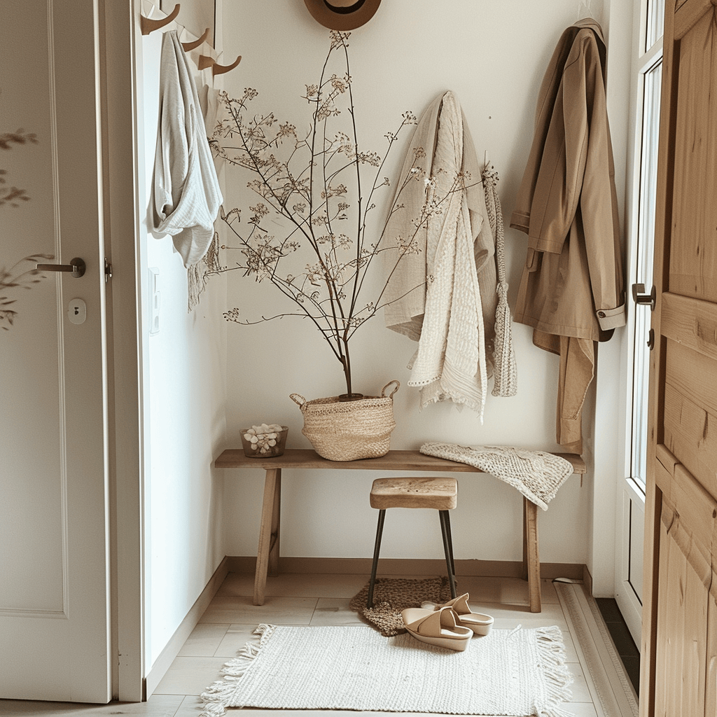 The seasonal decor in this Scandinavian hallway is a perfect example of how to adapt the style's principles to different times of the year, while maintaining a sense of simplicity, natural beauty, and understated
