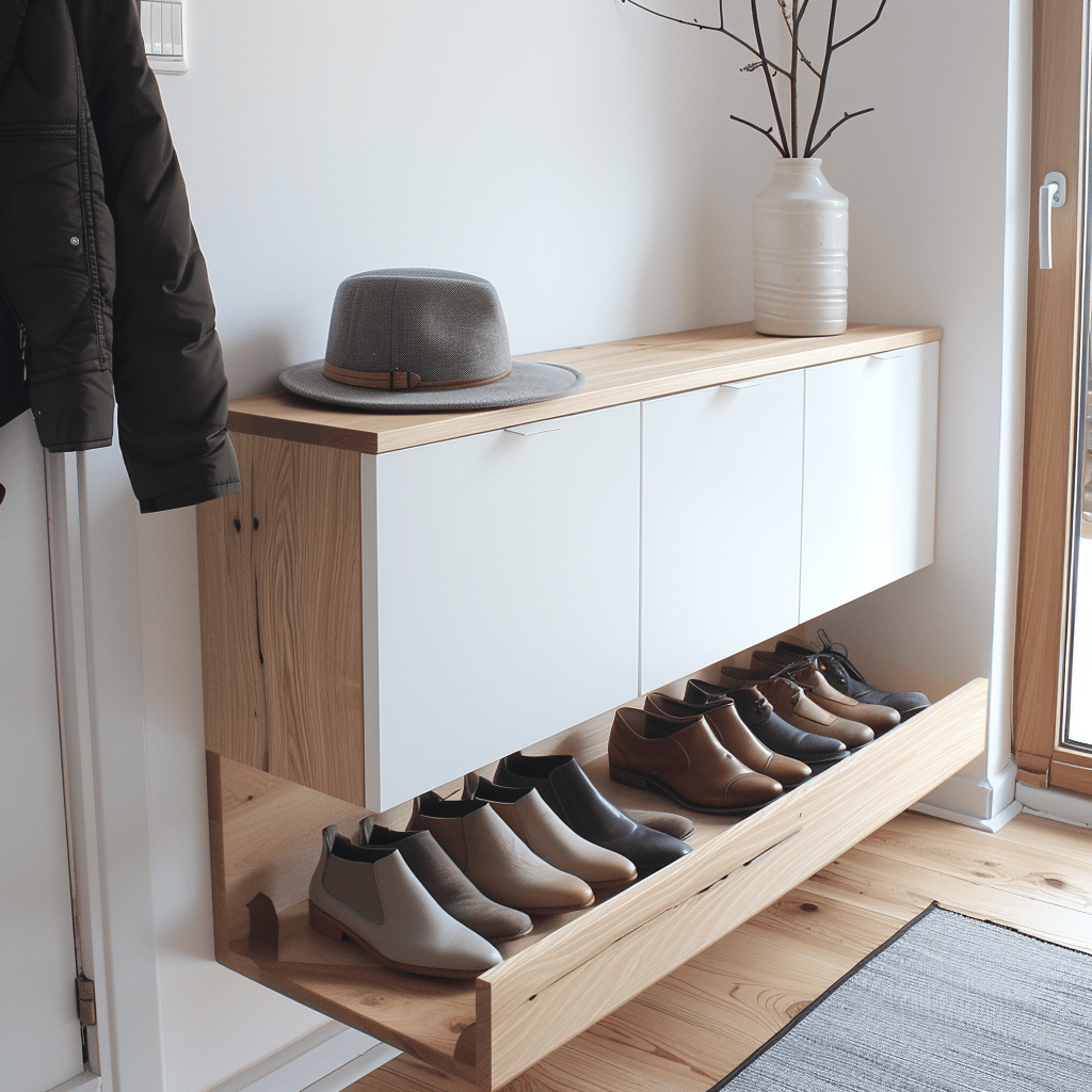 The use of a bench with built-in shoe storage in this Scandinavian hallway maximizes functionality and space efficiency