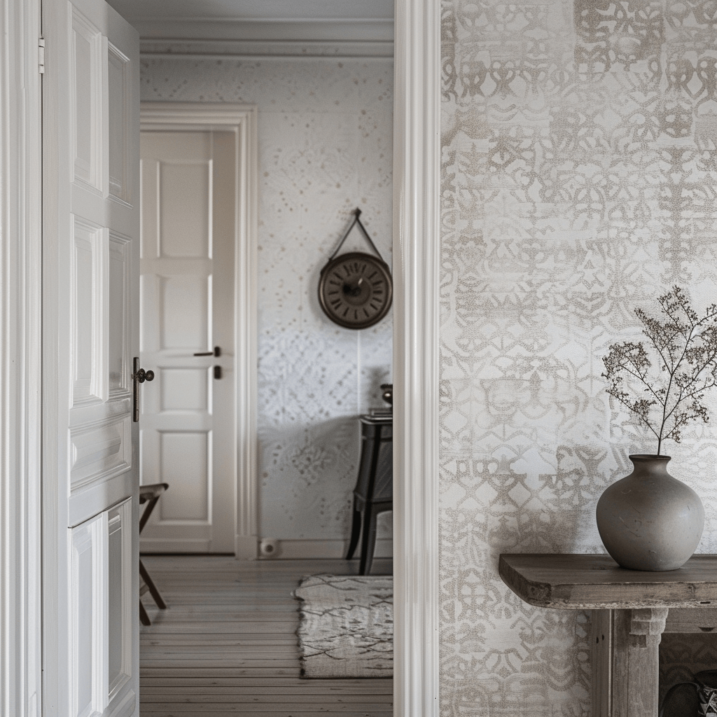 The use of a muted geometric wallpaper in this Scandinavian hallway creates a modern, stylish look while maintaining the overall simplicity of the design