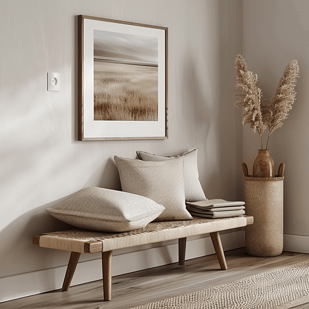 The use of light, untreated wood for the bench in this Scandinavian hallway adds warmth and texture to the space while maintaining a fresh