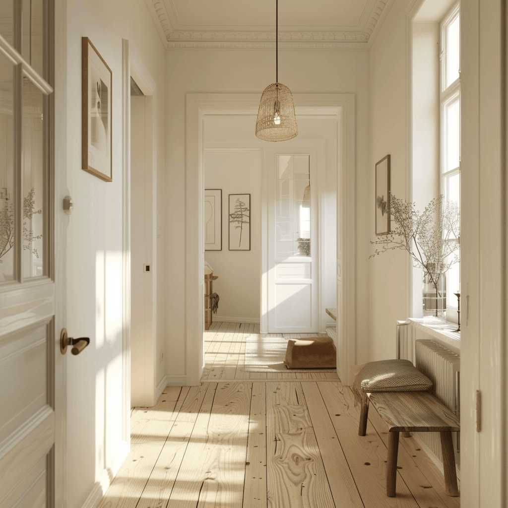 The use of light wood flooring in this Scandinavian hallway adds warmth and natural texture to the space, while maintaining a fresh, contemporary