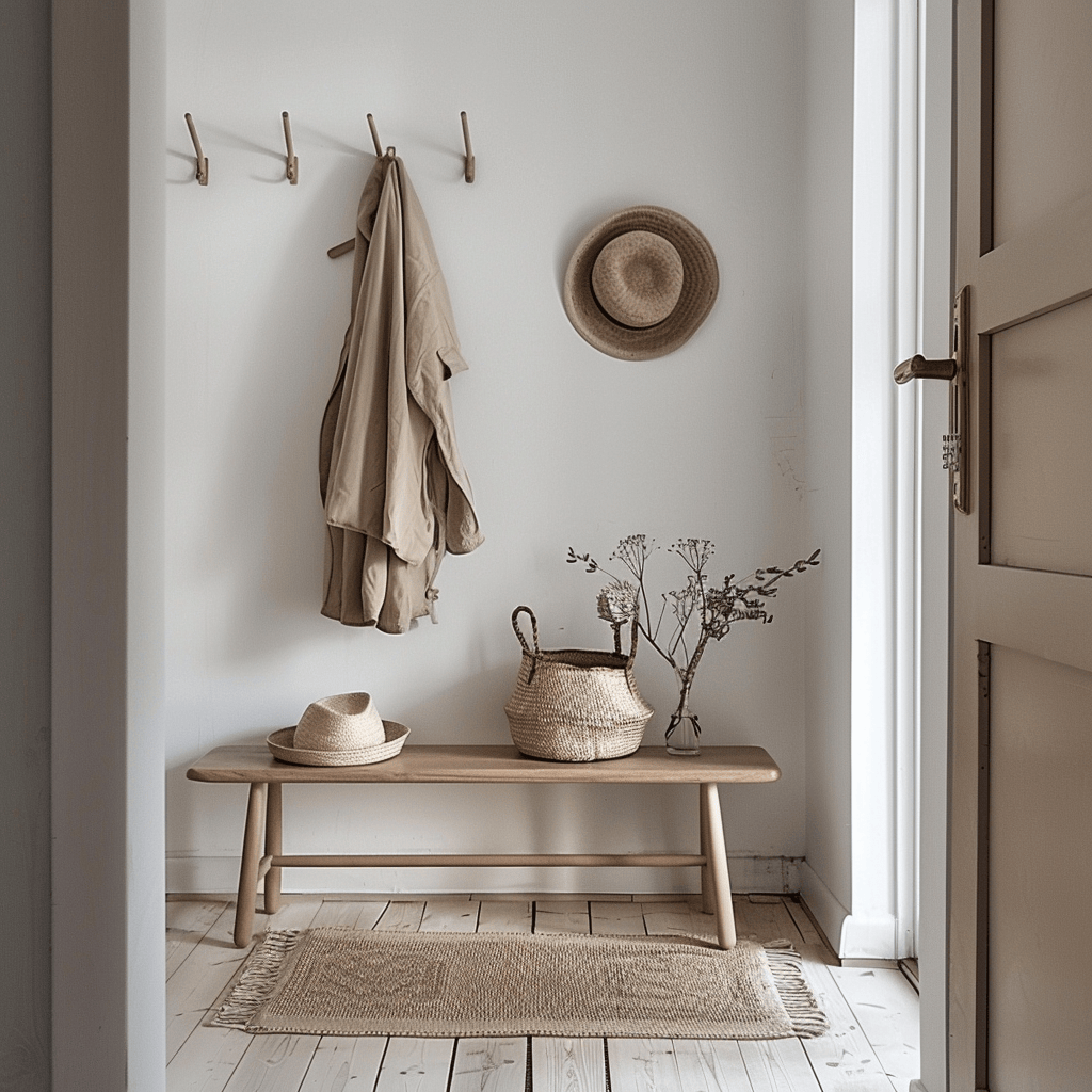 The use of natural materials, muted colors, and functional design elements in this Scandinavian hallway creates a space that is both trendy and timeless