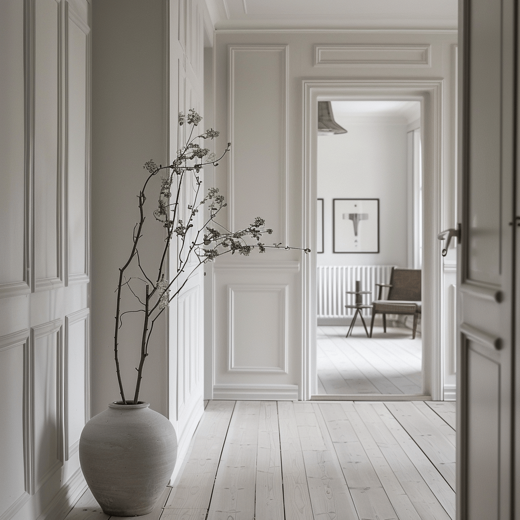 The use of paneling on the walls of this Scandinavian hallway creates a subtle texture and depth, adding visual interest to the otherwise minimal design
