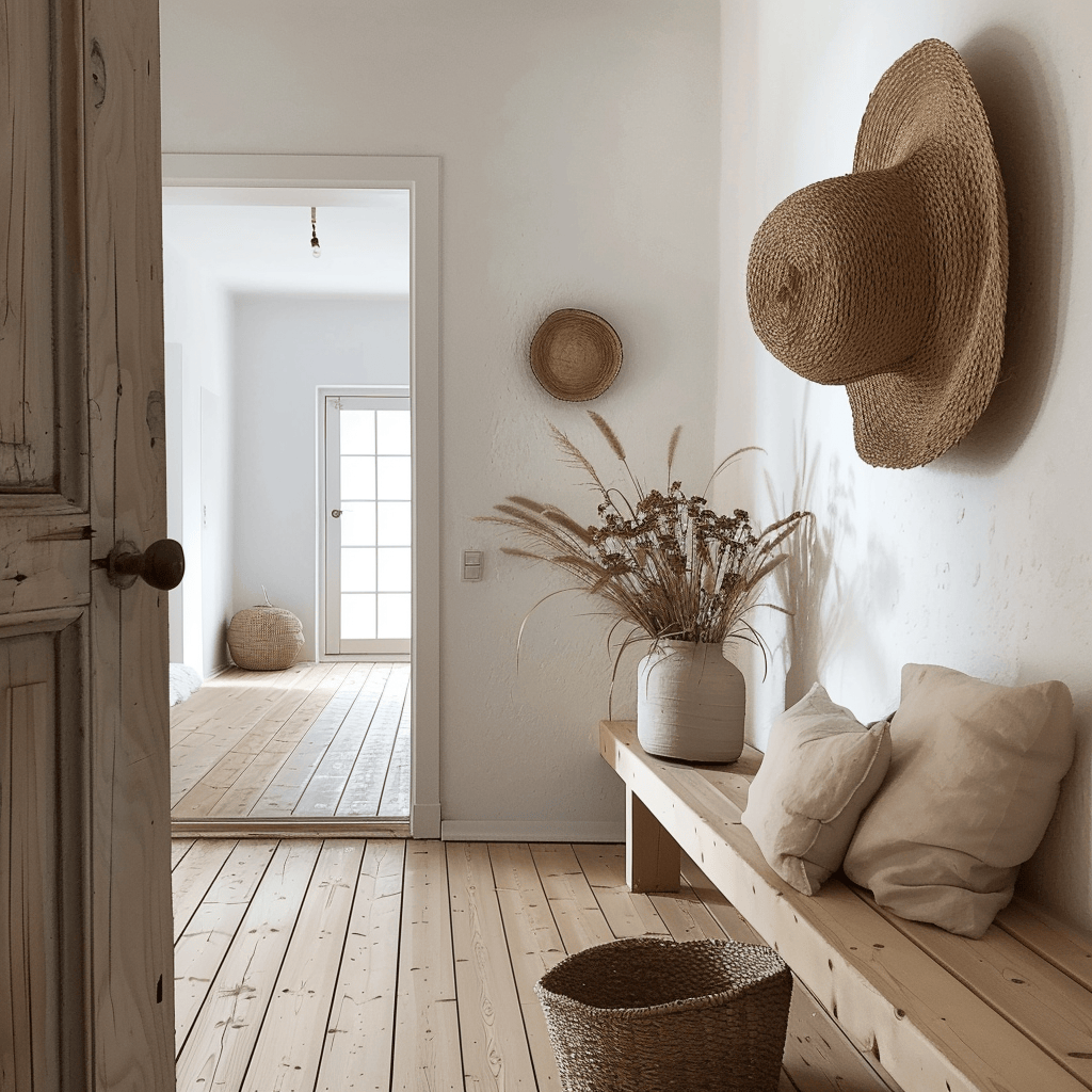 The use of rugs and runners in natural fibers, such as sisal or seagrass, in this Scandinavian hallway complements the overall focus on organic materials in the style