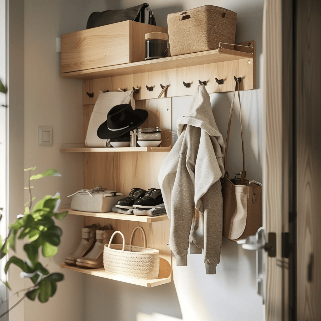 The use of wall-mounted storage systems and hanging organizers in this small Scandinavian hallway demonstrates how vertical space