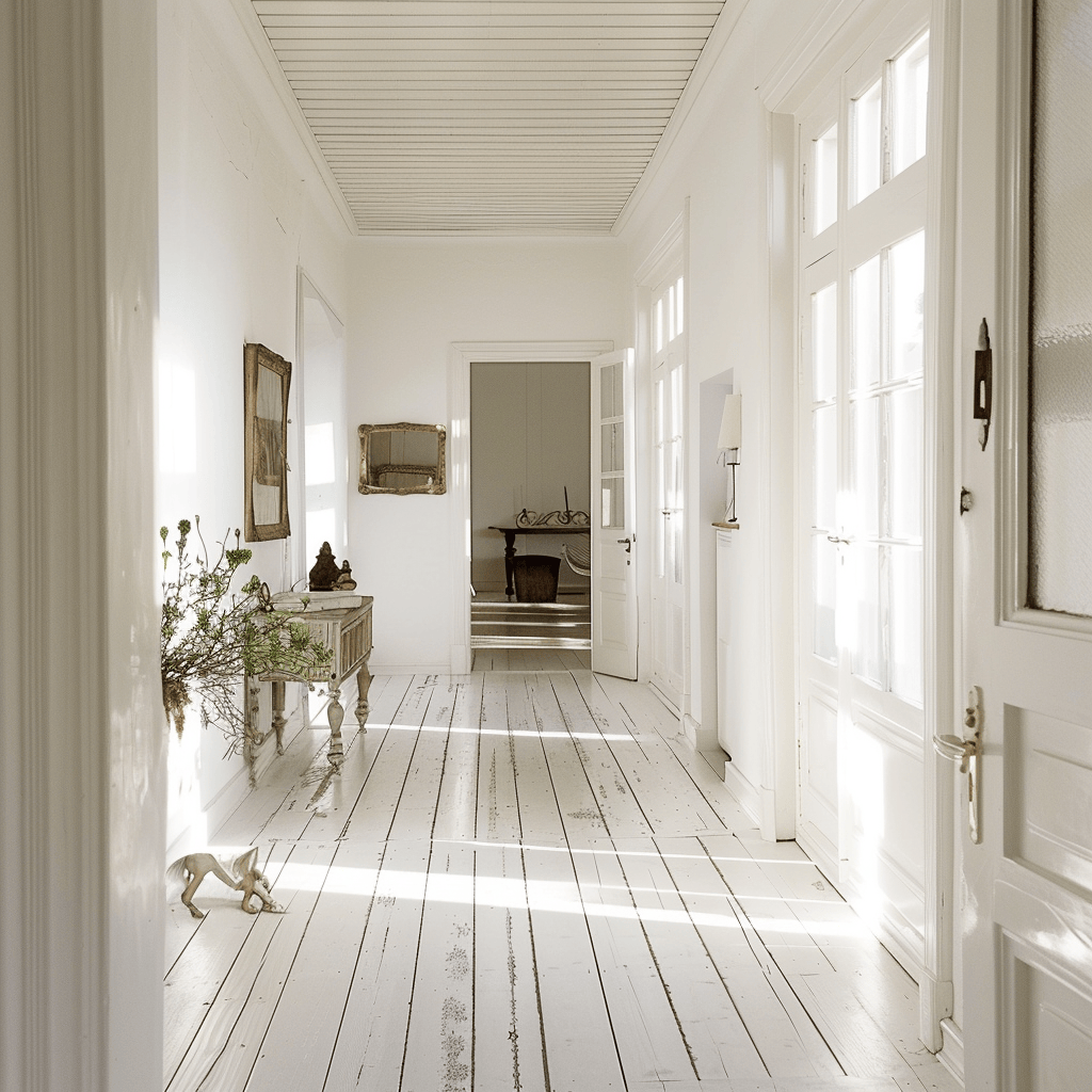 The use of white in this Scandinavian hallway maximizes natural light, creating a fresh, clean, and inviting