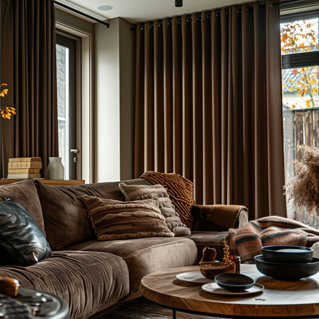 Thick, thermal curtains in a rich chocolate brown help maintain a comfortable temperature and cozy atmosphere in a living room throughout the year2