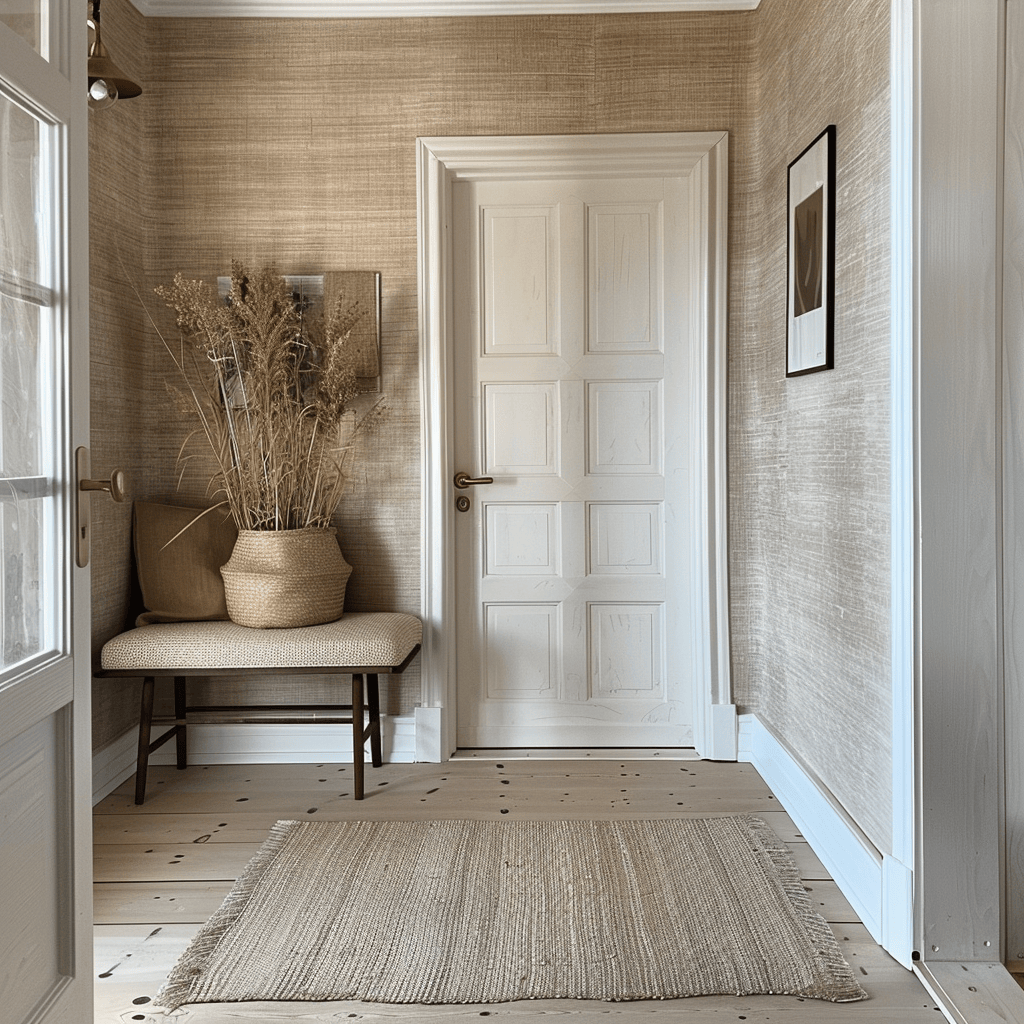 This Scandinavian hallway features a delicate, muted geometric wallpaper that introduces pattern and depth while maintaining the overall simplicity of the design