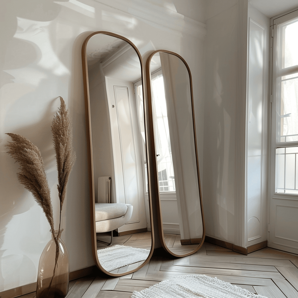 This Scandinavian hallway features a large, rectangular mirror that serves as a striking focal point while reflecting light and creating a sense of depth