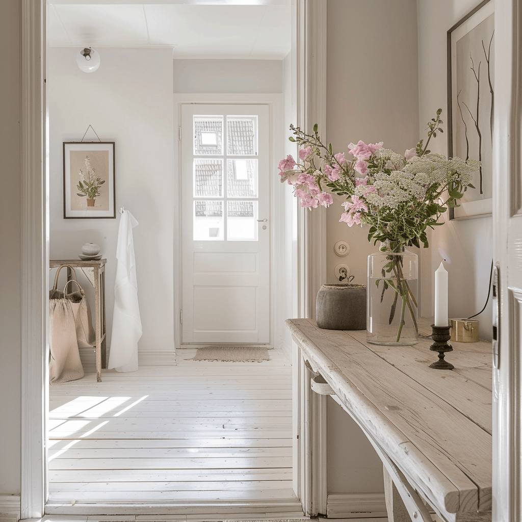 This Scandinavian hallway incorporates fresh, cheerful spring and summer accents through the use of vibrant green plant