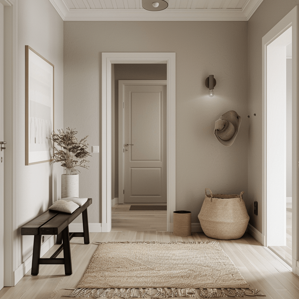 This Scandinavian hallway's color palette is a masterful blend of simplicity and sophistication, with a harmonious mix of cool and warm neutral tones