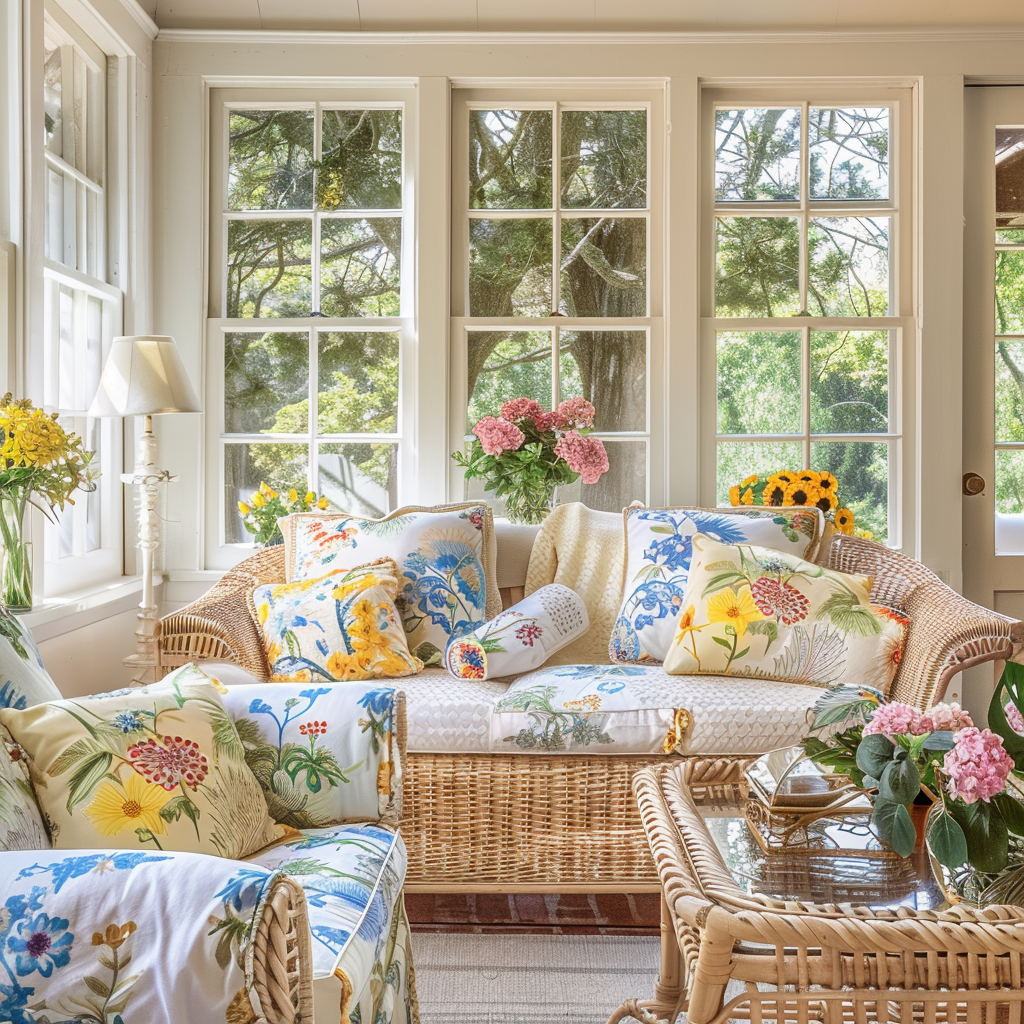 This cheerful English countryside sunroom celebrates summer with creamy white walls, wicker furniture, lively wildflower-patterned cushions, and accents in sunny yellow and sky blue, resulting in a space that emanates the joy and warmth of the season