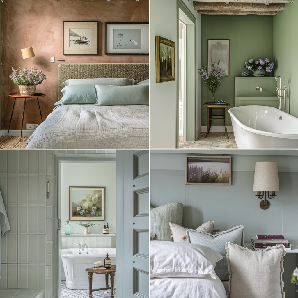 This collage highlights the application of English countryside colors in four distinct rooms an inviting terracotta entryway, a peaceful blue living room, a relaxing lavender bedroom, and a harmonious white bathroom with sage green elements