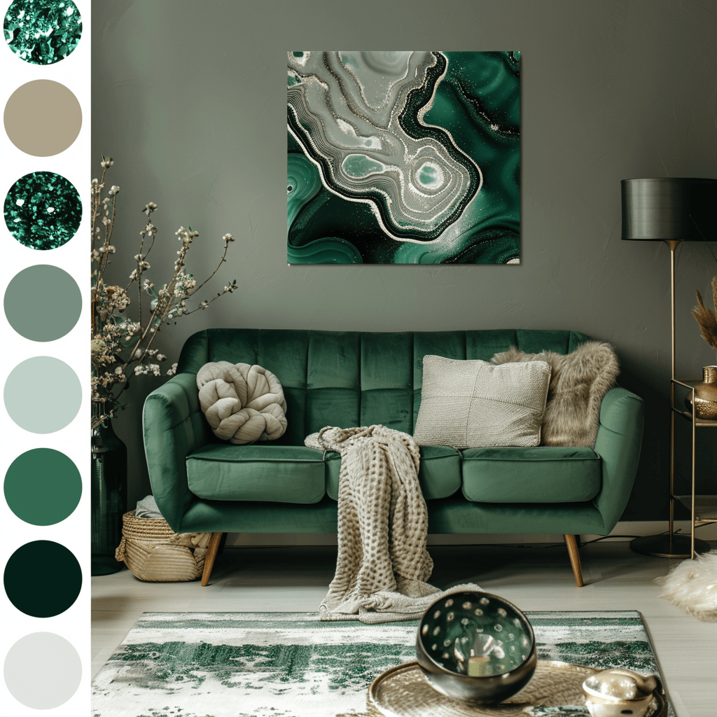 This collection showcases the elegance of emerald green, combining glossy finishes with rich, velvety textures to inspire a regal and comforting interior ambiance