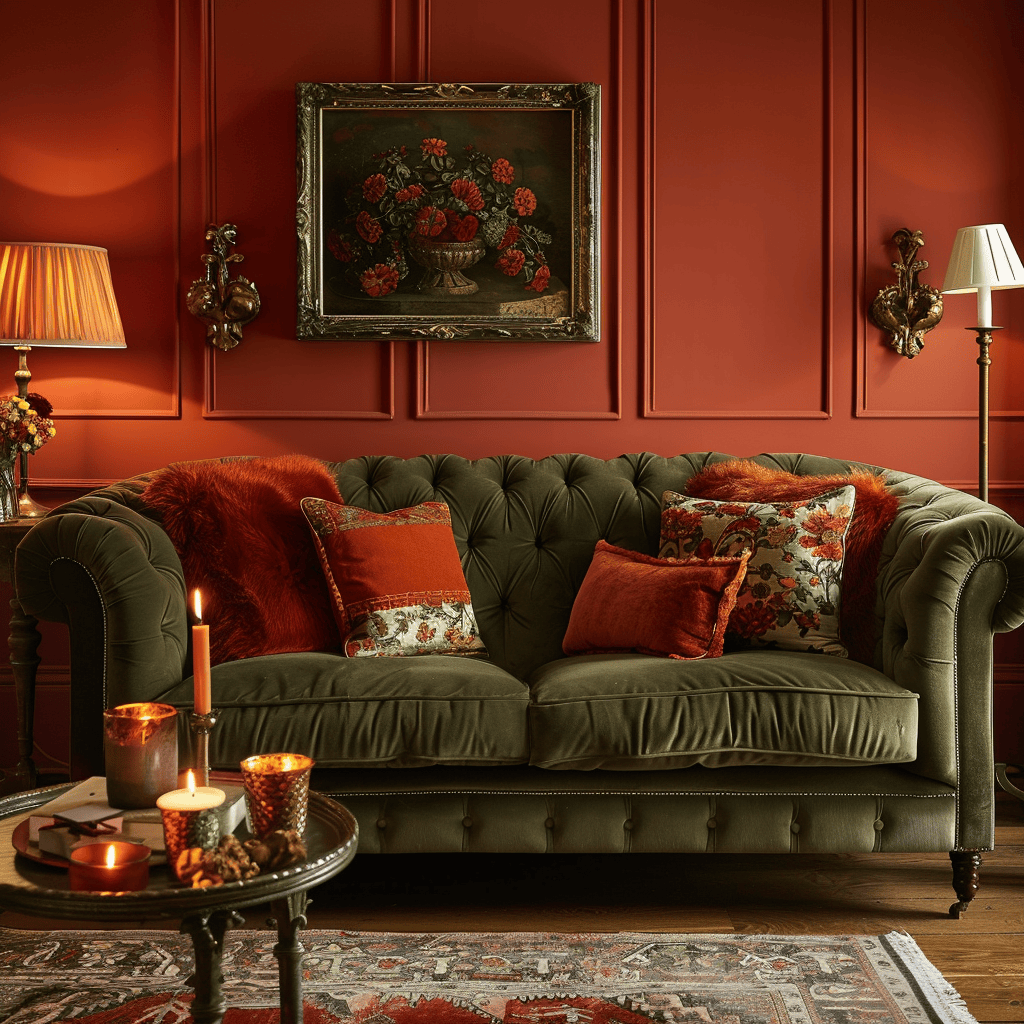 This cozy English countryside living room features terracotta walls, a plush olive green sofa, and warm, golden lighting from table lamps and candle-style fixtures, resulting in an intimate, inviting ambiance